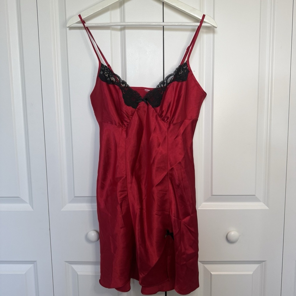 Red Satin Lace Trim Side Slit Slip Dress Size M Coquette